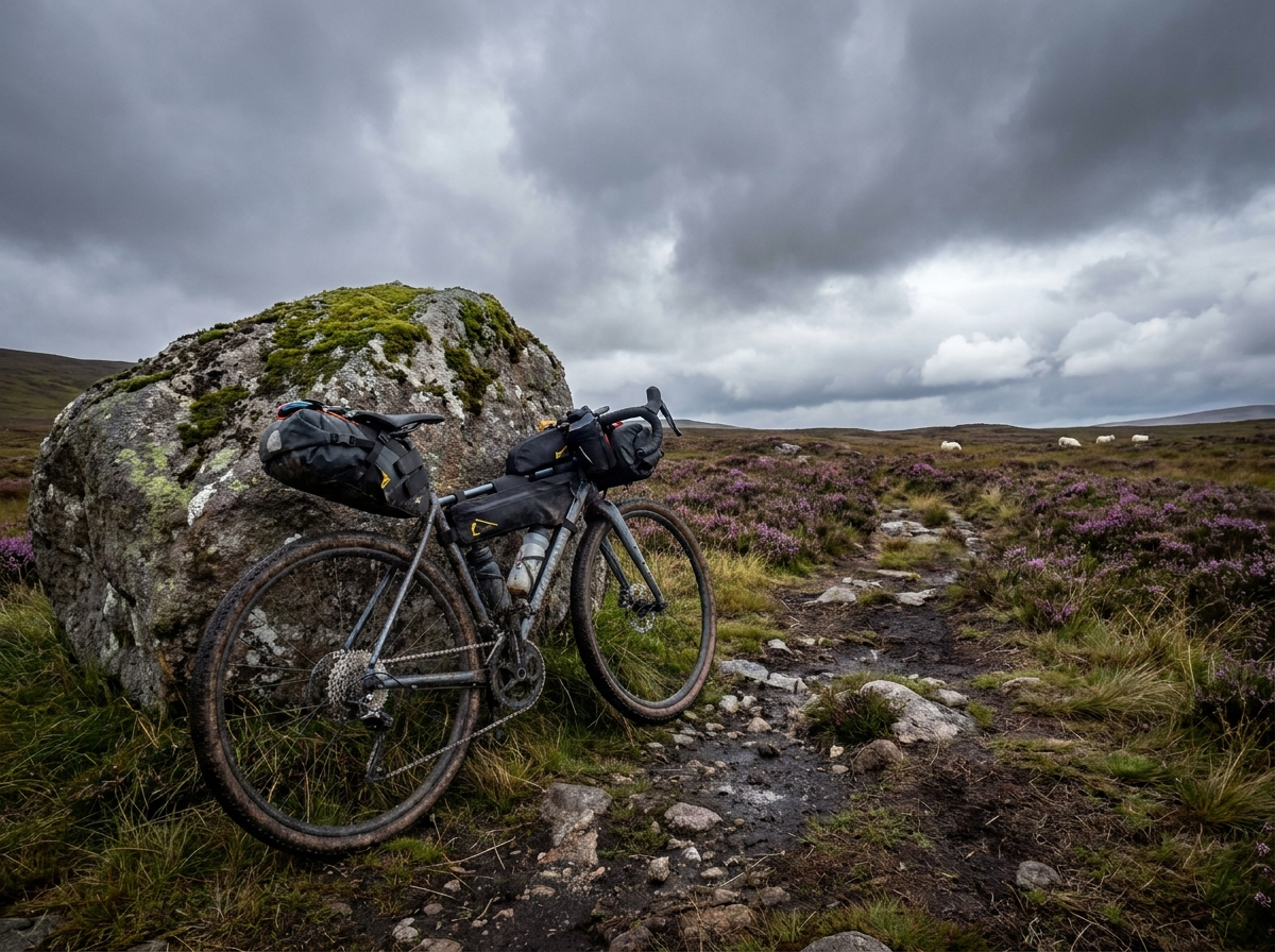 Loaded bikepacking bike on a moorland trail
