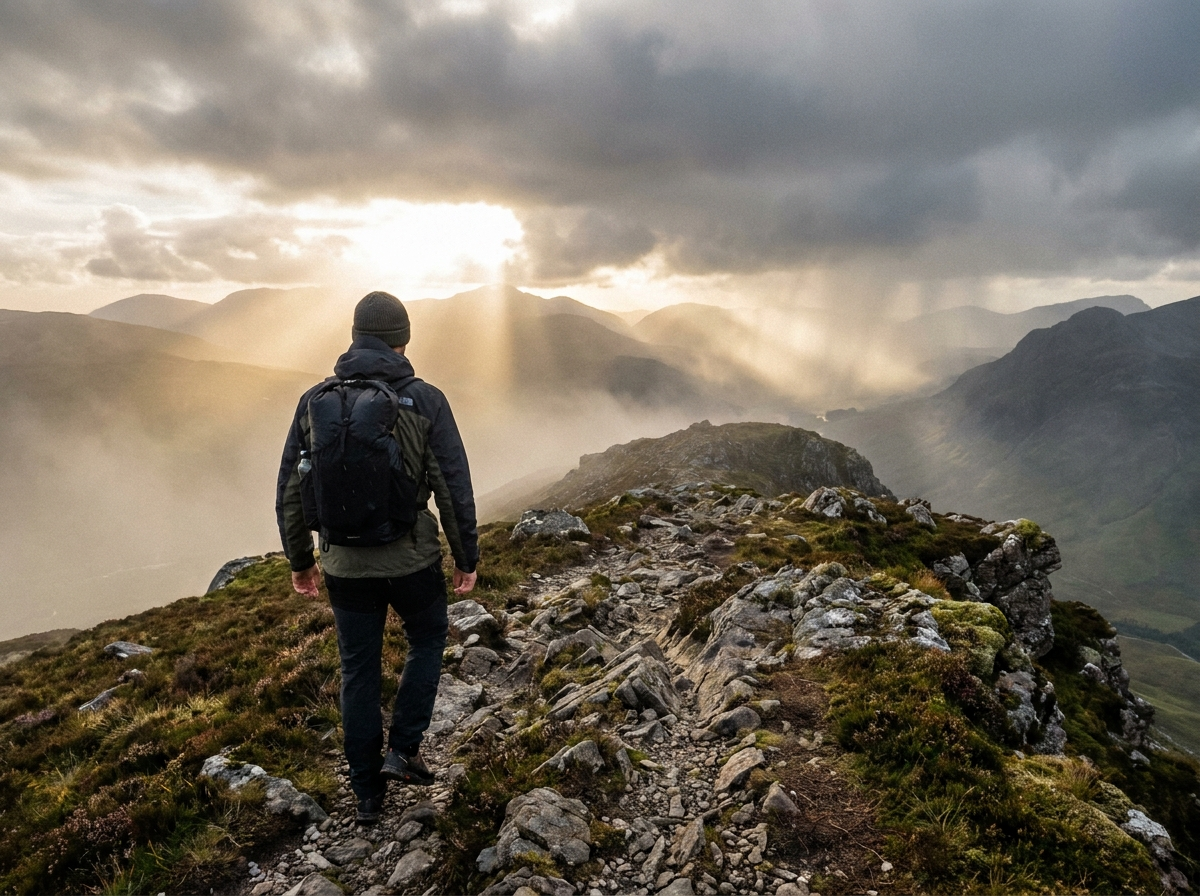 Hiker with ultralight pack on a Highland ridge