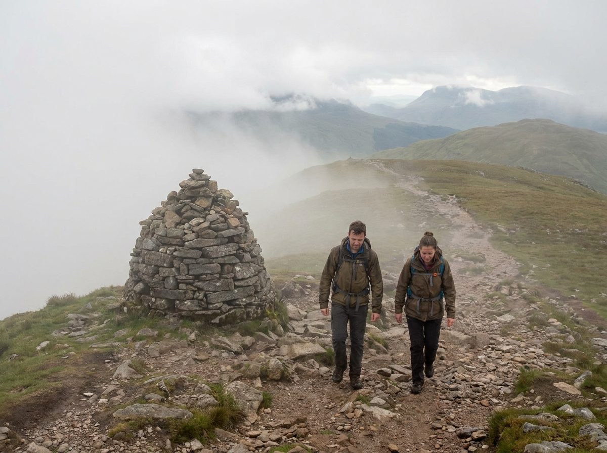 Two hikers descending a misty munro past a cairn