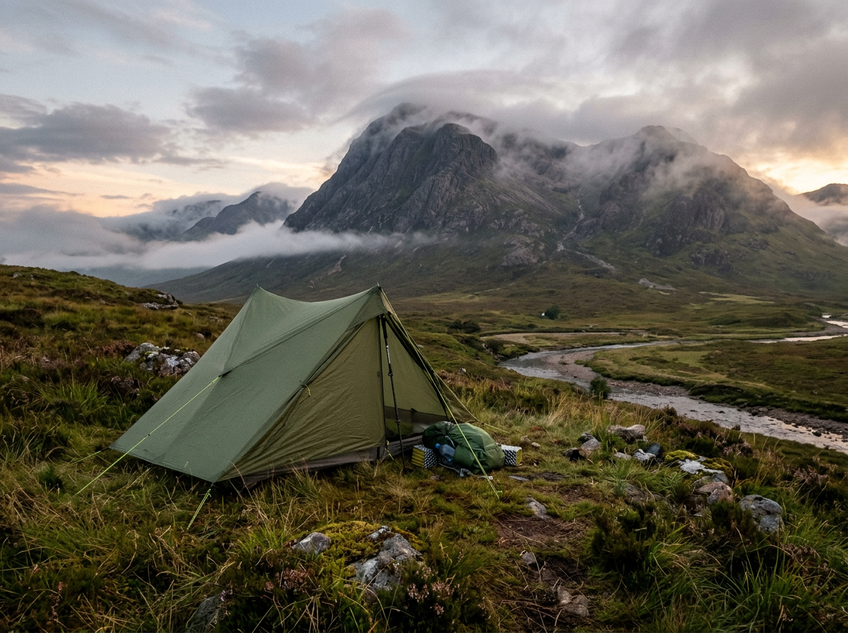 Ultralight tent pitched in a Highland glen at dusk
