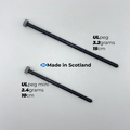 Two black U.L. pegs with specifications on a white background, featuring 'Made in Scotland' text.