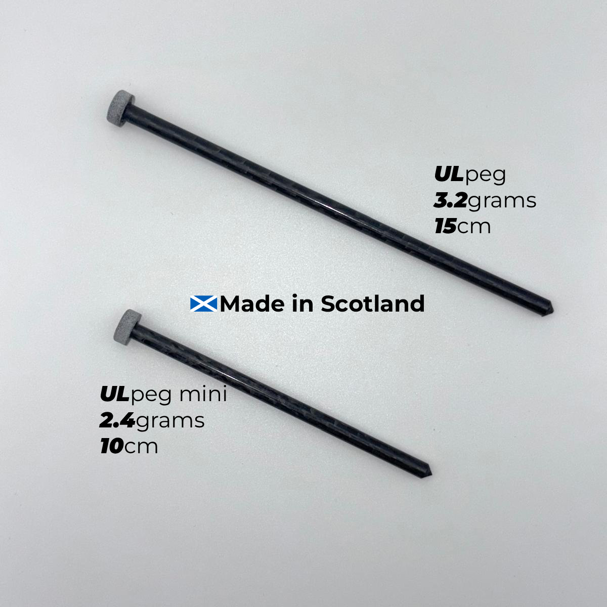 Two black U.L. pegs with specifications on a white background, featuring 'Made in Scotland' text.