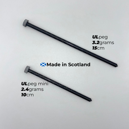 Two black U.L. pegs with specifications on a white background, featuring 'Made in Scotland' text.